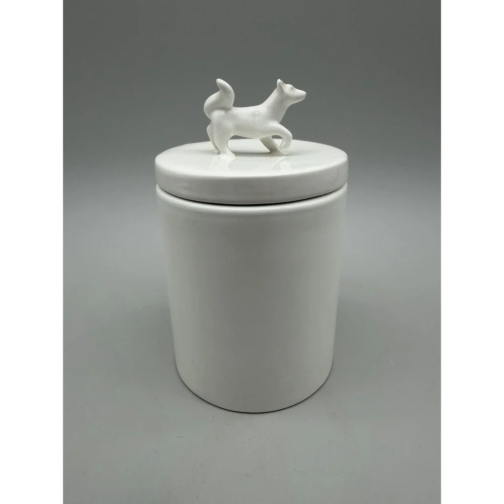 West Elm White Ceramic Canister w/ Dog Lid – Modern Kitchen Storage Jar